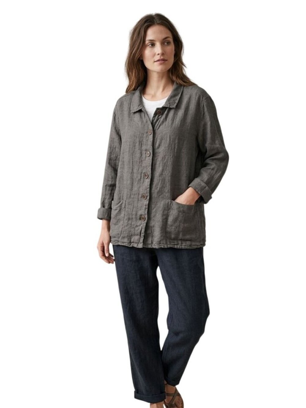 Flax 100% Linen Sustainable Lagenlook Brown Shirt Jacket Patch Pockets Size 2G